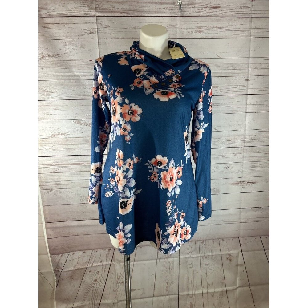 Miusey Womens Size XL Blue w/ Pink floral Long Sleeve Sweater Blouse V-neck NEW